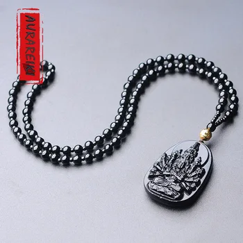 AURAREIKI Obsidian Tisíce Rúk Guanyin Náhrdelník Prívesok Charms Exorcise Zlých Duchov Amulet Prívesok Ornament Malá Unisex