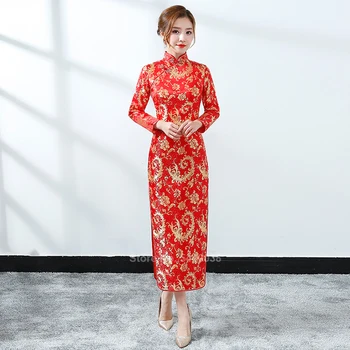 Čínsky Štýl, Tradičné Oblečenie Cheongsam Qipao pre Ženy Vintage Nevesta Svadobné Červený Vzor Vytlačené Saténové Šaty Dlhé Vestido