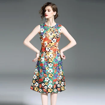 HAYBLST Značky Šaty Žien 2020 Leto bez Rukávov Plus Veľkosť Oblečenie Vestidos Vysokej Kvality v Európskom Štýle Žakárové Kvetinový Oblečenie