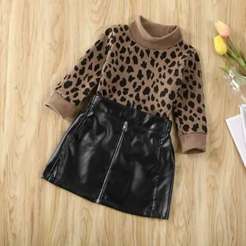 2020 Nové 1-5 Rokov Batoľa Detský Baby Girl Jeseň Oblečenie Nastaviť Leopard Sveter Topy + Mini, PU Kože, Sukne, Šaty, Oblečenie