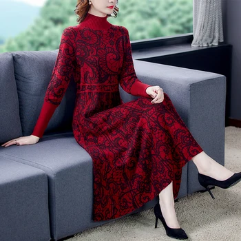 Na jeseň Červená Kvetinový Elegantné 3XL Plus Veľkosť Turtleneck Vlnené Svetre 2020 Zimné Vintage Bežné Pletenie Ženy Bodycon Sveter Šaty