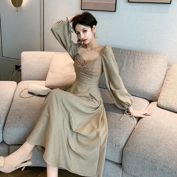 One-piece kórejský Šaty Elegantné Retro Vintage Praty Šaty Offcie Lady Bežné Tenký Dlhý Rukáv Šaty Nové 2020 Žien Jeseň Šaty