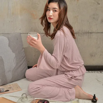 Ženy Oblečenie 2018 Jeseň Dlhým rukávom Nohavice Modálne Tenké Pyžamo Pevné Pyžamá tvaru Pijamas Plavky Sleepwear Pj Nastavenie