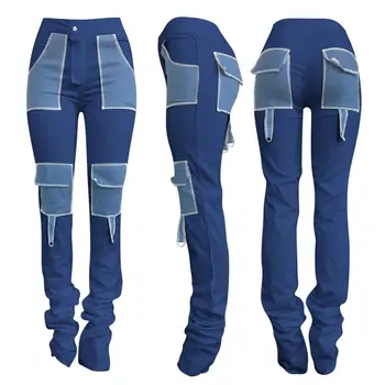 Skladaný patchwork džínsy džínsy žena vysoký pás skladaný nohavice bežné streetwear chudý, štíhly džínsové nohavice nohavice