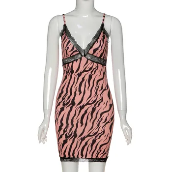 Ružová Zvierat Zebra Y2K Šaty Žien Lete Roku 2020 Módne Backless tvaru Sklzu Šaty, Sexy Patchwork Noc Clubwear Čipky Mini Šaty