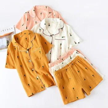 Dvojitá Vrstva Bavlny Gázy Krepové Krátke Pyžamo Šortky pre Ženy, Plus Veľkosť Pyžamá Cartoon Tlač Sleepwear Domáce Oblečenie