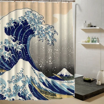 Japonský Rastúca Vlna Má Rád Hora V Mori Kúpeľňa Vlastný Sprchový Záves Polyester Krajiny Scenéria Dizajn Interiéru Príslušenstvo