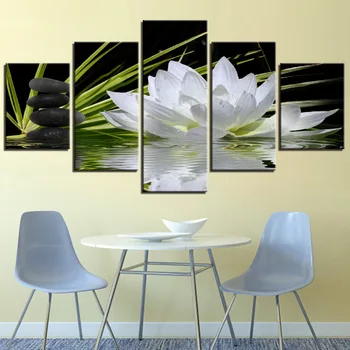 Moderný Domov Wall Art Decoration Rámu Modulárneho Obrázkov 5 Ks White Lotus Flower Vody, Betónovej HD Vytlačené Plátno Obrazy