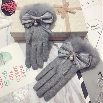 Cashmere vlnené rukavice dámske zimné kórejský králik kožušiny roztomilý študent a velvet zahusťovanie teplé dotykový displej vodičské rukavice