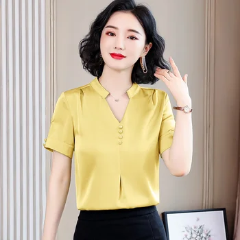 Kórejský Šifón Ženy, Blúzky, Košele Žena Satin Pevné Blúzka Elegantné Ženy V-neck Tričko Topy Plus Veľkosť Blusas Mujer De Moda 2020