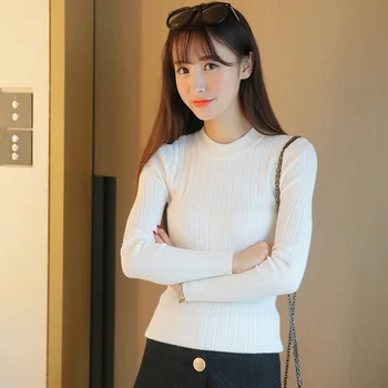 Jeseň zima Ženy dámy s dlhým rukávom o krk slim montáž pletené krátke sveter top femme kórejský vytiahnuť tesné tričká