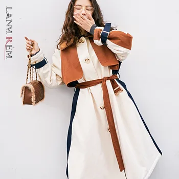 LANMREM trendy bavlna čalúnená bunda pre famale 2021 zimné nový kórejský módne dámske voľné pribrala dlhý zimný kabát s Oknami