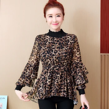 Jarná móda sexy lady leopard tlač šifón tričko 2019 kórea štýl butterfly sleeve stand golier voľné plus veľkosť, blúzky