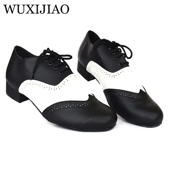 WUXIJIAO pánske Black White Reálnom Kožené Bytov Moderné tanečné topánky Tango Strany Svadobné Štvorcových tanečné topánky