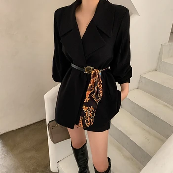 Retro sako bunda pre ženy vytlačené patchwork pás svietidla rukávom tenký čierny blejzre dráhy módne office lady letné oblečenie