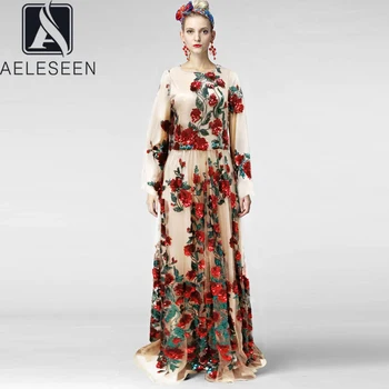 AELESEEN Maxi Šaty Ženy, Luxusné Kvalitné 2020 Dráhy Módne Sequined Červený Kvet Výšivky Plus Veľkosť Strany Dovolenku Šaty