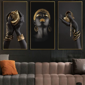 Africká Žena Black Rukách Drží Zlaté Šperky Plátne Obrazy Plagáty a Vytlačí na Stenu Umenie Fotografie Domova