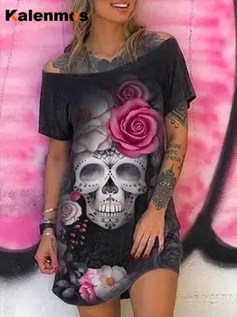 KALENMOS Punk Lebky Kvetinový Tlač Šaty pre Ženy Letné Voľné Mimo Ramenný Mini Party Šaty Šaty Vestidos De Mujer Plus Veľkosť