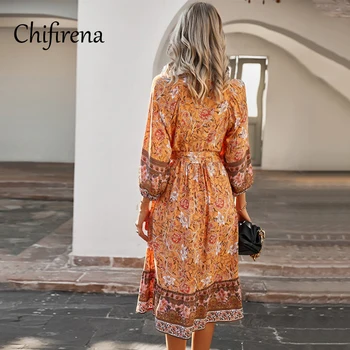 Chifirena Elegantné Šaty pre Ženy Vintage Midi Boho Dlhý Rukáv Šaty Bežné Kvetinový Tlač Dovolenku Strana Pásu Vestido de mujer