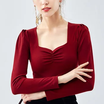 IZEVUS Elegantný Štíhly kórejský Tričko Fashion Žena Námestie Golier Skladaný Sexy Top Lady Sladké Úradu pracovné Odevy Ženy Tričko Top