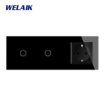 WELAIK1 Značky EÚ 3Frame 2*1Gang1Way+EÚ Zásuvky Crystal Sklenený Panel na Stenu Dotykový Spínač Európskej LED Light Switch AC250V A3911118ECW