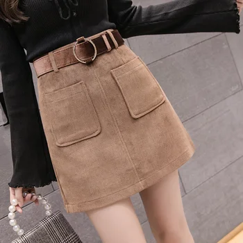 Jeseň Zima Riadok Menčester Sukne Ženy Kórejský Vysoký Pás Mini Sukne Belted Vrecku Saias Dámy Krátke Sukne Jupe Femme