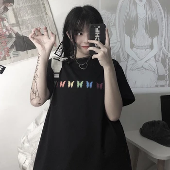 Ženy T-Shirts motýľ Tlače Harajuku Ročníka Letnej punk black Topy dropshipping šaty, krátky rukáv veľkosť para kórejského