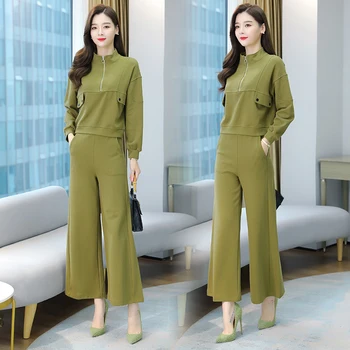 Kórejský Módne Široký-Legged Nohavice Top Oblek Nové 2020 Jeseň Oblečenie Dve-Kus Oblečenie Set Sa Žena Móde Voľnočasové Nohavice