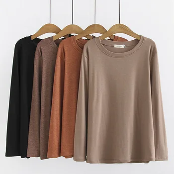 Nový Japonský štýl jar jeseň plus veľkosť topy pre ženy veľký, dlhý rukáv voľné bežné bavlna hnedá, khaki T-shirt 4XL 5XL 6XL