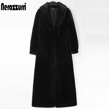Nerazzurri Zimné maxi umelú kožušinu kabát ženy dlhý rukáv šatkou golier X-dlhé načechraný kožušinový kabát Plus veľkosť módne 2020 6xl 7xl
