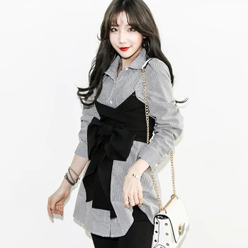 Kórejský Módne 2019 Designer White/Grey Prekladané Bowknot Kravatu, Blúzky, Top Ženy Black Bow Dlhý Rukáv Office Lady Nosenie Top Práca