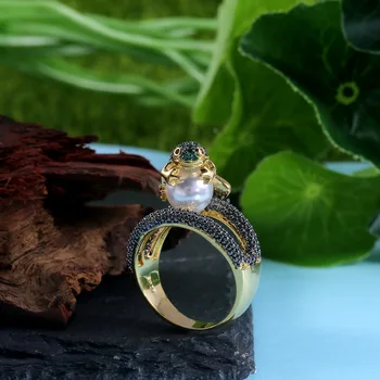 Farebné Crystal Žaba Prstene pre ženy Ročníka, Imitácie perál, Strieborná Farba AAA CZ kameň Zvierat Módne Šperky prstene