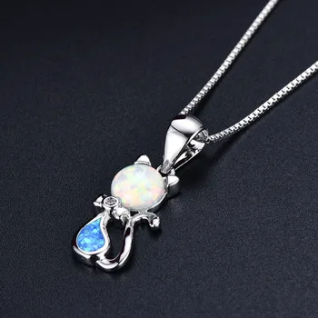 925 Sterling Silver White/Blue Opal Mačka Zvierat Prívesok Náhrdelníky Ženy Módne Šperky