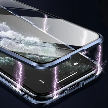 Hot Predaj Luxusný Magnetická Kovové puzdro Pre iPhone 12 11 Pro XS Max XR 7 8 6s Plus SE Obojstranné Sklenené Prípade 360 Úplné Pokrytie