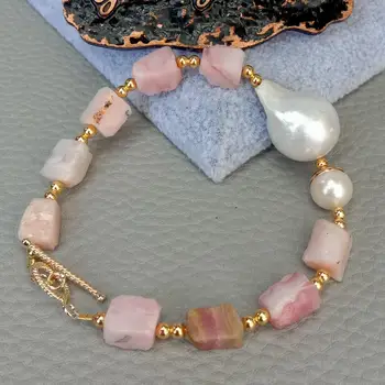 Prírodný Ružový Opál nugget Drsné Biele Keshi Pearl zlatá farba á korálky Náramok 8