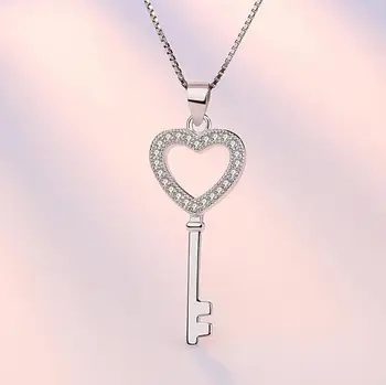 925 Sterling Silver Šperky CZ Zirkónmi Crystal Láska Srdce Kľúčový Prívesok Náhrdelník Pre Ženy Darček 45 cm Reťaz collares S-N74