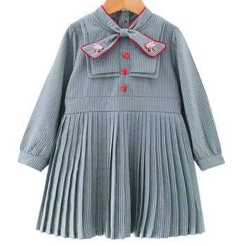 2021 Nové Dievčenské Šaty na Jeseň Deti Oblečenie na Jar Dlhý Rukáv Straped Luk Skladaný Šaty pre Dievča Deti Princezná Šaty 3-7T
