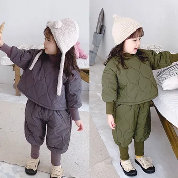 Jeseň zima dievčatá kórejský prešívaný vyhovovali dievča dvojdielne obleky deti oblečenie jeseň deti nastavuje veľmi teplé, mäkké oblečenie pre 2-8Y