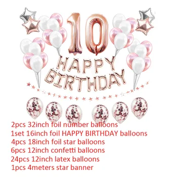 38pcs/set 10 ročný Balóny Narodeniny Dekorácie deti Happy Birthday Party Dodávky Dieťa, Chlapec, Dievča Rose Gold Číslo Fólie Latex