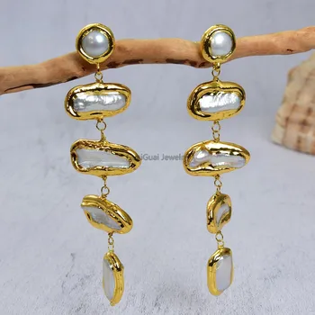 GuaiGuai Šperky Sladkovodné Biela Biwa Pearl Žltým Zlatom Pozlátené Náušnice