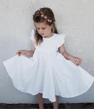 Dievčatá, bavlnené a ľanové šaty farbou lietania rukávy krajky-up girl dress deti princezná šaty WT85