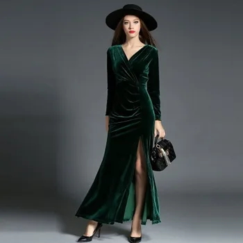 ARiby Ženy Temperament Maxi Slim Zamatové Šaty 2019 Jeseň Nový Vintage Módy Elegantného Tvaru Otvoriť Vidlica Plášť Zamatové Šaty