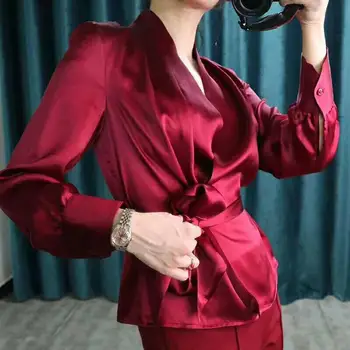 Ženy Faux Hodváb OL Tričko pás tie s bowtie tvaru saténové Blúzky elegantný Sveter dlhým rukávom, Šitie Topy s Pásom 2018