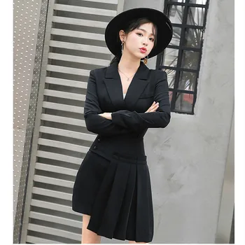 2019 bežné vyhovovali golier black Slim nepravidelný sukne + dlhým rukávom bunda 2 sady sexy módne office single-breasted bunda