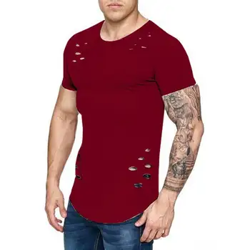 2021 Nové Letné Krátke Sleeve T Shirt Muži Móda Otvor Určený Fitness T-shirt Farbou Slim Fit Hip Hop pánske tričko MY068