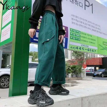 Harajuku Streetwear Rovno Cargo Nohavice Ženy Vrecká Elastická Vysoký Pás Nohavice Tlačidlo Bežné Neforemné Joggers Ženy Tepláky Nové