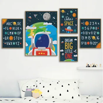 Astronaut Plagát Škôlky Chlapci Izba Wall Art Decor Plátno, Maľovanie Na Mieru Názov Abecedy, Čísla, Tlač Obrazov Na Stenu Detská Izba