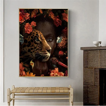 Africké Umenie Čierna Žena Tiger Rose Vták olejomaľba na Plátne Cuadros Plagáty a Vytlačí Wall Art Obraz Pre Dievča Spálňa