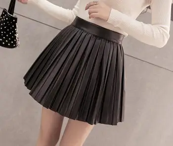 Preppy Štýl Jeseň Zima Ženy Mini Sukne S Vysokým Pásom Black Marhuľový Skladaný Sukne Dámske Pu Streetwear Jupe Femme Saia