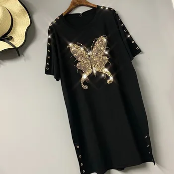 Vefadisa Black Butterfly Tlač Drahokamu Šaty Žien 2021 Lete Ženy Tričko Šaty Plus Veľkosť Krátky Rukáv Šaty ZQY365A
